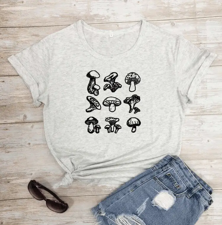 Mushroom Print Grey T-Shirt Short Sleeve - Image 9
