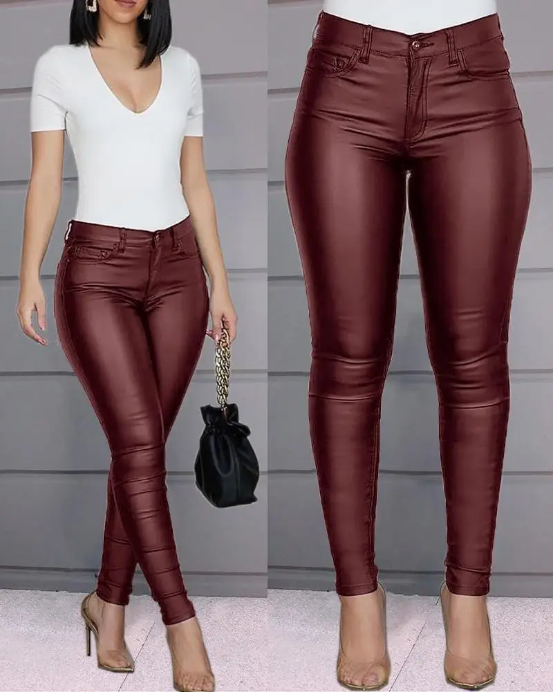 2020 Skinny Black PU Leather Skinny Pants Women - Image 3