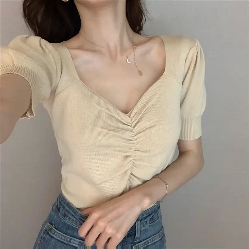 Women Red Pleated Square Collar Sweater 2022 - Image 11