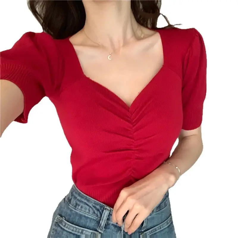 Women Red Pleated Square Collar Sweater 2022 - Image 12