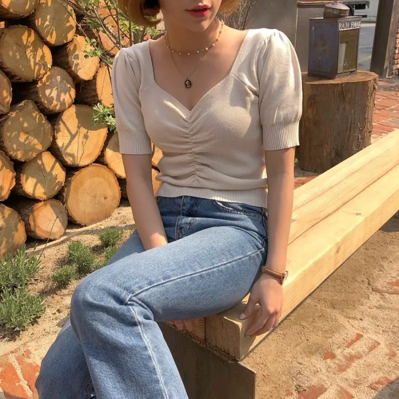 Women Red Pleated Square Collar Sweater 2022 - Image 7