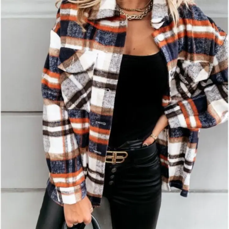 Women Plaid Long Sleeve Looser Coat Mid Coat Set - Image 4