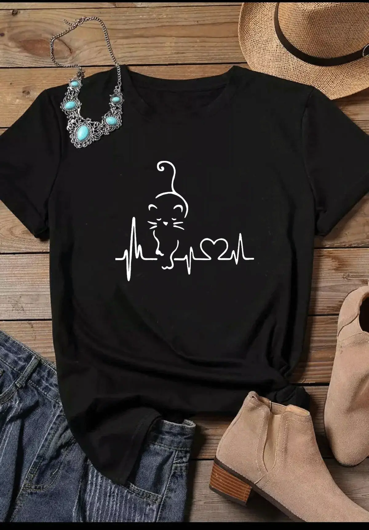 Women Gray ECG Cat Graphic T-Shirt