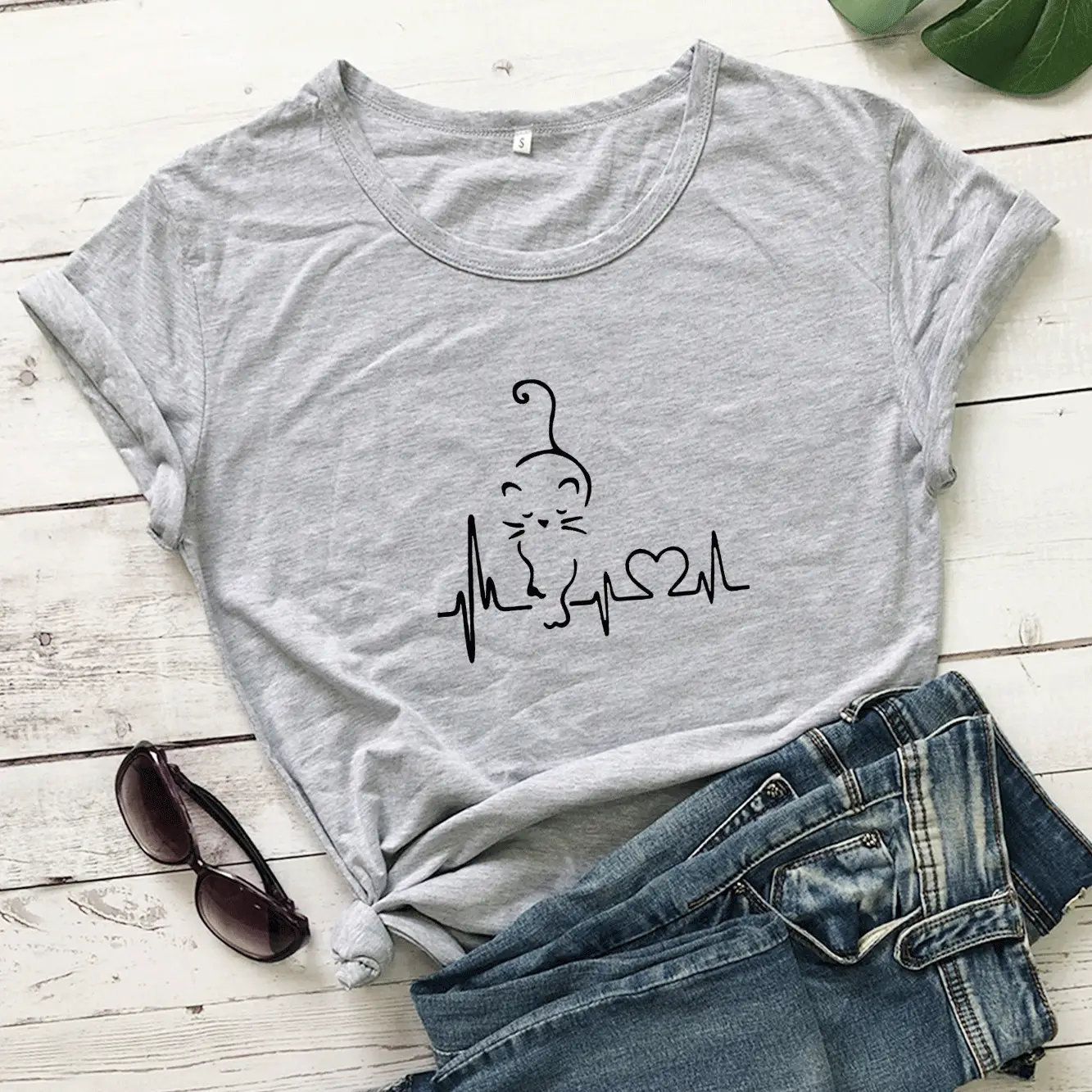 Women Gray ECG Cat Graphic T-Shirt