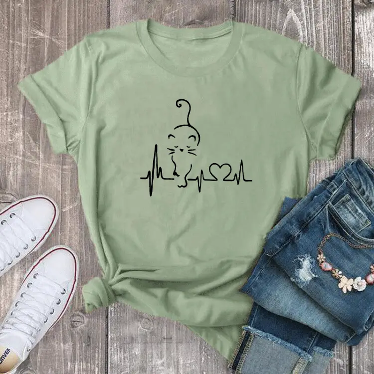 Women Gray ECG Cat Graphic T-Shirt