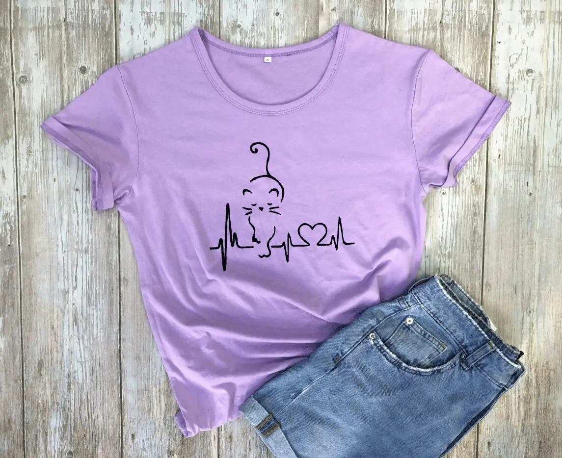 Women Gray ECG Cat Graphic T-Shirt