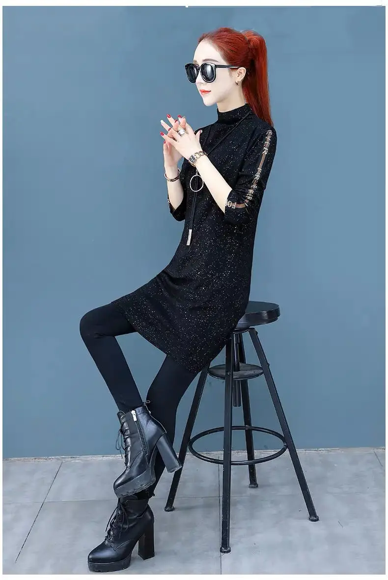 Women Black Sequin Slim Fit T-shirt with Half Collar — feature 11