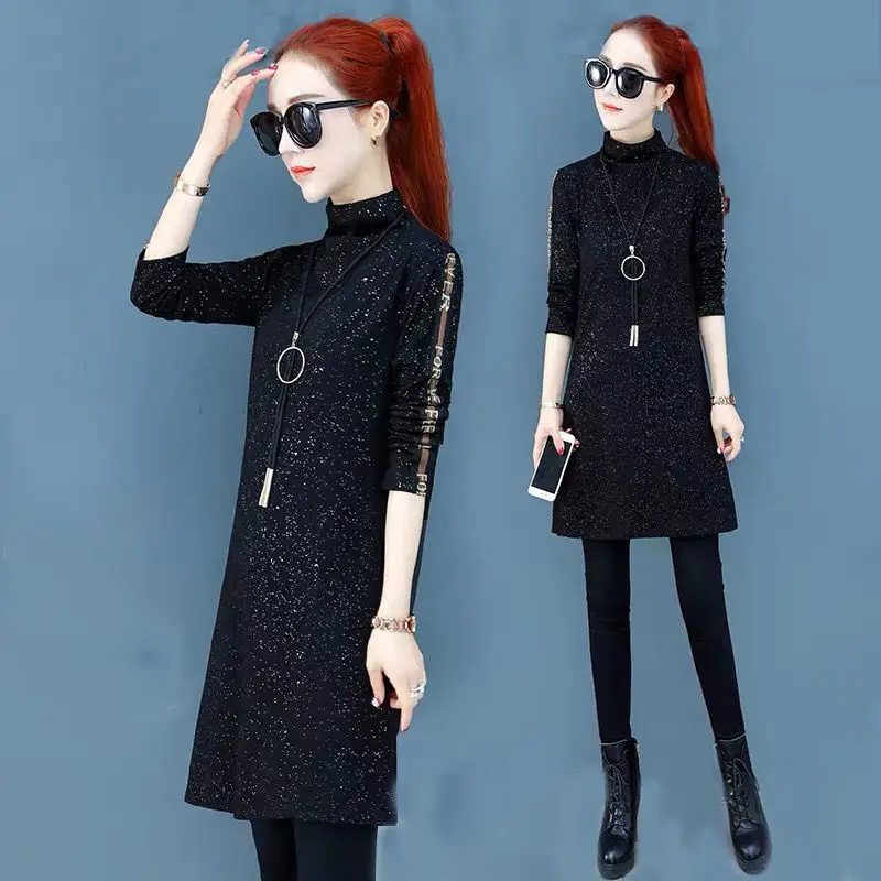 Women Black Sequin Slim Fit T-shirt with Half Collar - Image 2