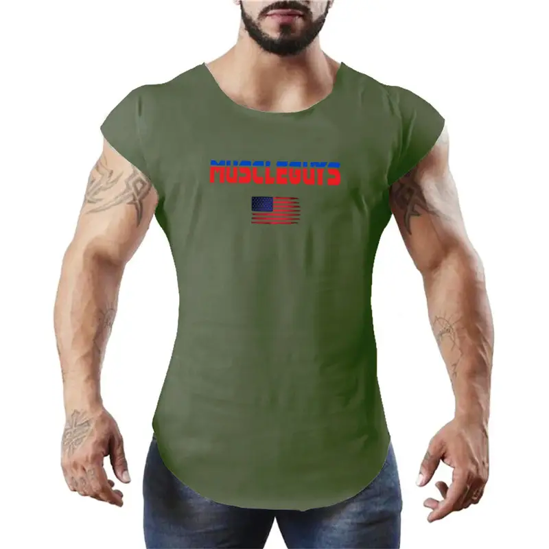 Men's Green Cotton Waistcoat T-Shirt with American Flag Design - Image 4