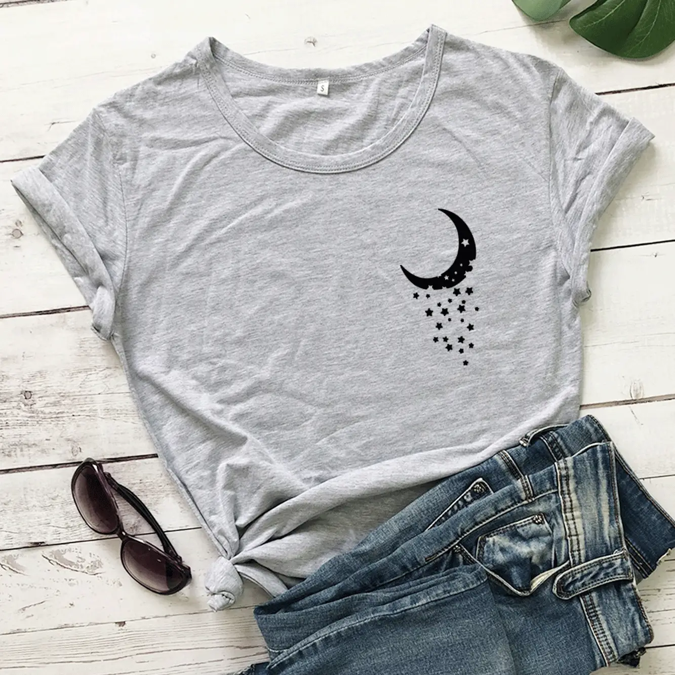 Black Moon Star Print T-Shirt Short Sleeve Grey - Image 3