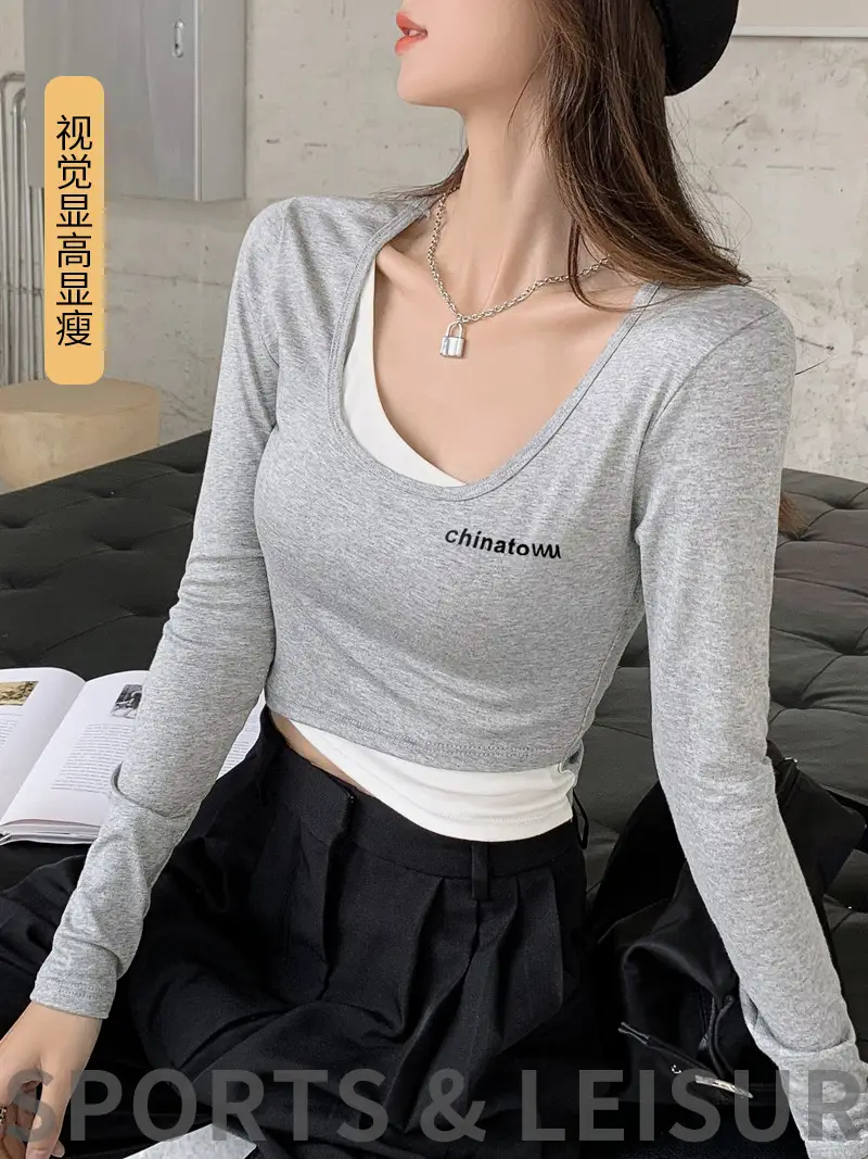 Women's Grey Long Sleeve Crop Top Set with Grey Pants - Image 6