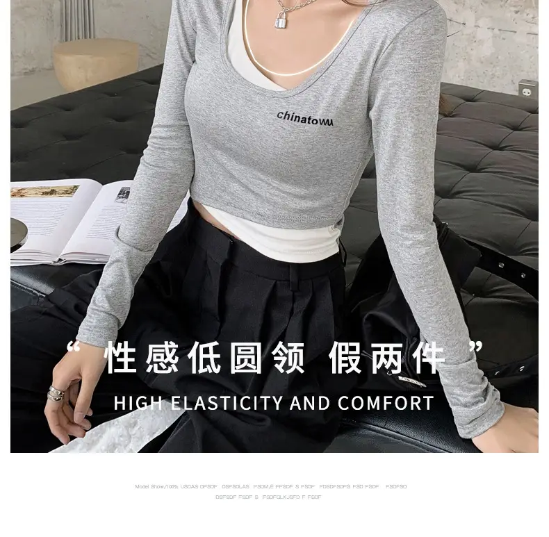Women's Grey Long Sleeve Crop Top Set with Grey Pants — feature 12