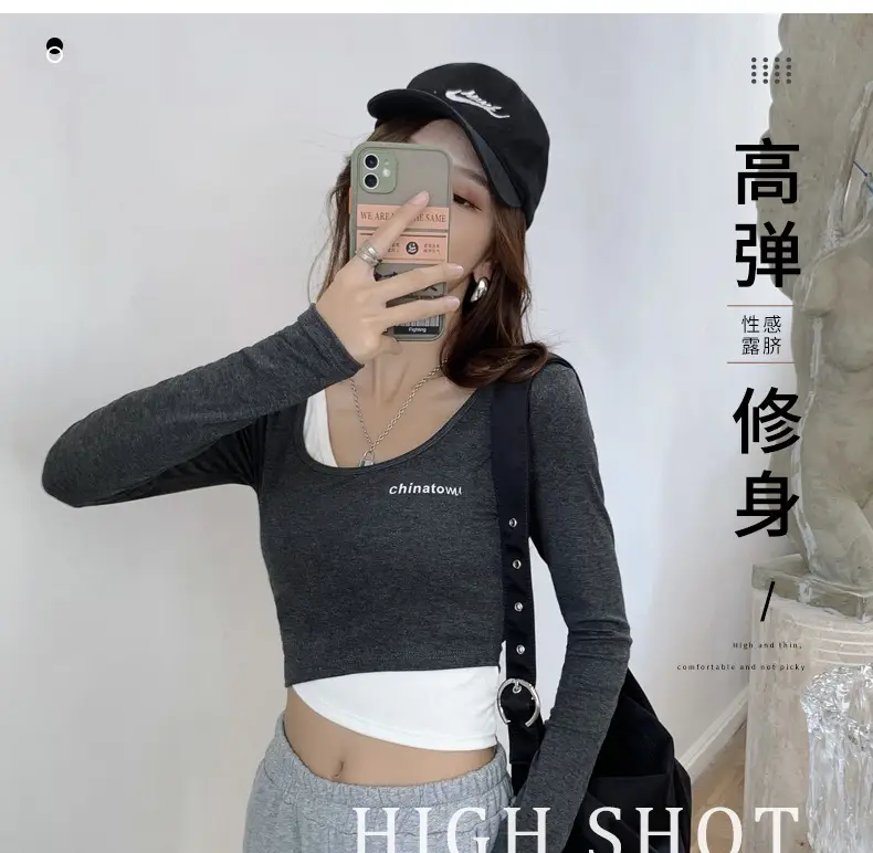 Women's Grey Long Sleeve Crop Top Set with Grey Pants — feature 13