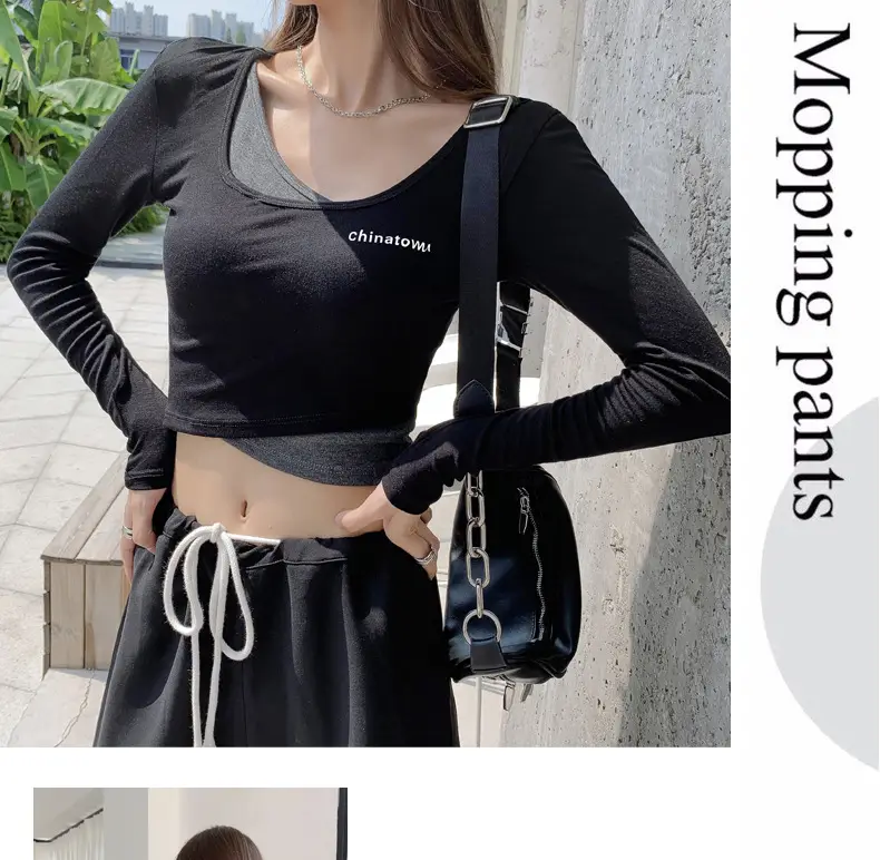 Women's Grey Long Sleeve Crop Top Set with Grey Pants — feature 17