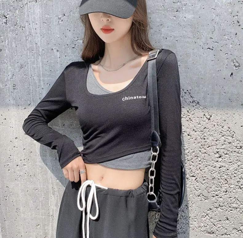 Women's Grey Long Sleeve Crop Top Set with Grey Pants — feature 19