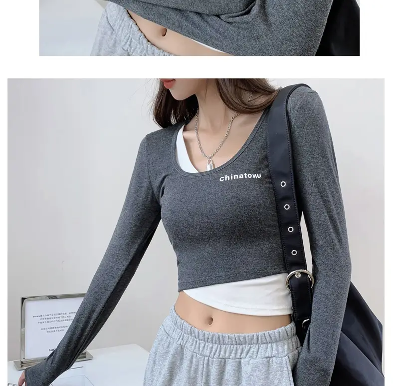 Women's Grey Long Sleeve Crop Top Set with Grey Pants — feature 21