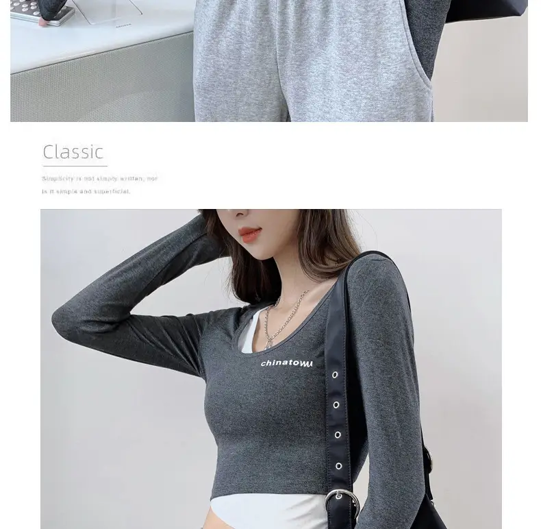 Women's Grey Long Sleeve Crop Top Set with Grey Pants — feature 22