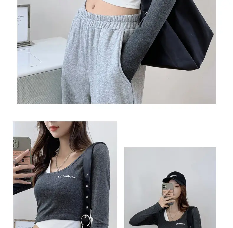 Women's Grey Long Sleeve Crop Top Set with Grey Pants — feature 23