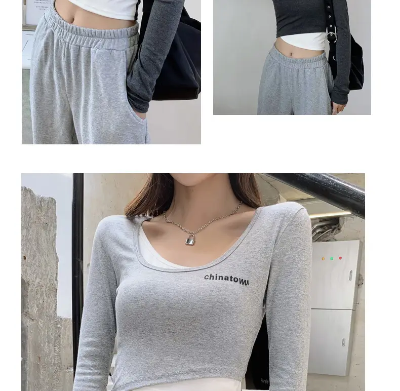 Women's Grey Long Sleeve Crop Top Set with Grey Pants — feature 24