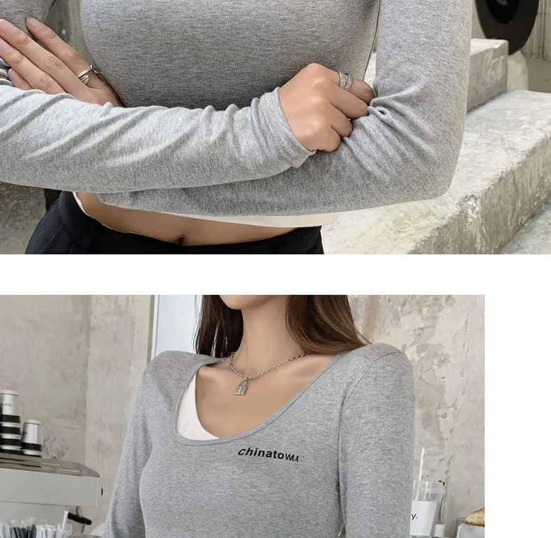 Women's Grey Long Sleeve Crop Top Set with Grey Pants — feature 26