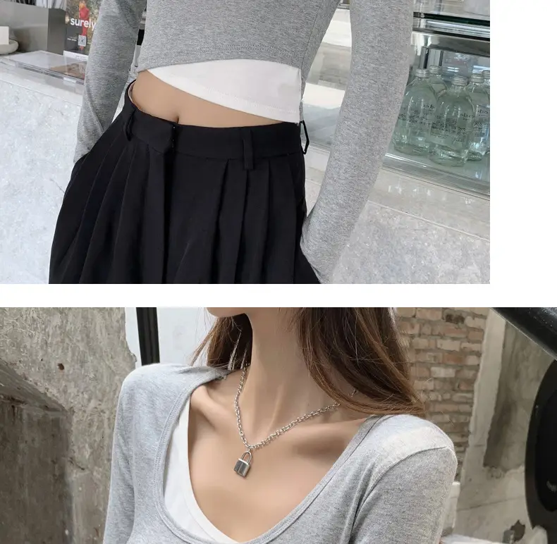 Women's Grey Long Sleeve Crop Top Set with Grey Pants — feature 27