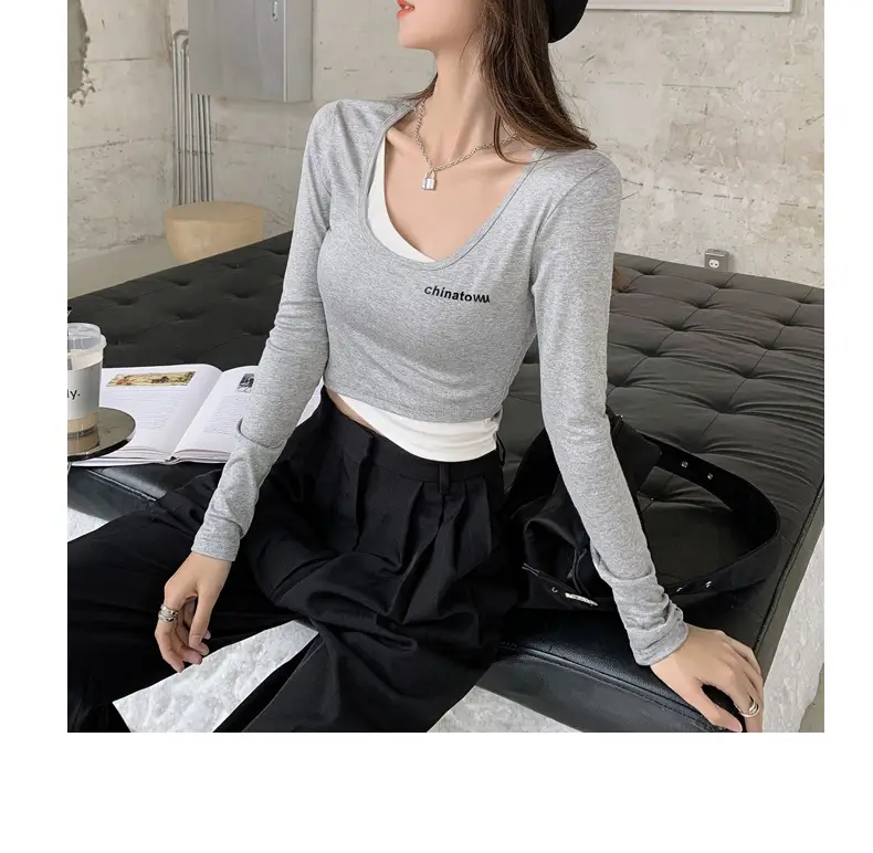 Women's Grey Long Sleeve Crop Top Set with Grey Pants — feature 29