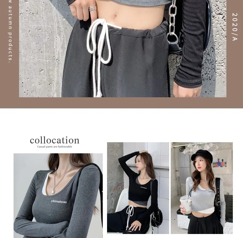 Women's Grey Long Sleeve Crop Top Set with Grey Pants — feature 5
