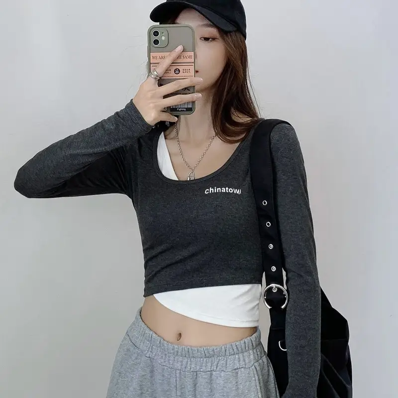 Women's Grey Long Sleeve Crop Top Set with Grey Pants - Image 2