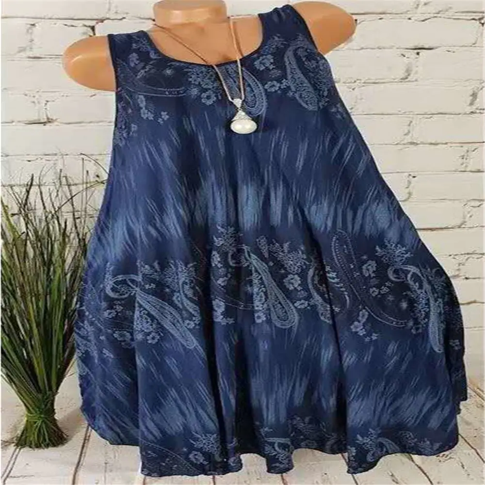 Women's Blue Printed Sleeveless A-Line Dress - Image 8