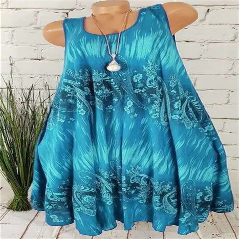 Women's Blue Printed Sleeveless A-Line Dress - Image 9