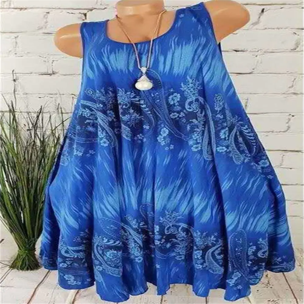Women's Blue Printed Sleeveless A-Line Dress - Image 6
