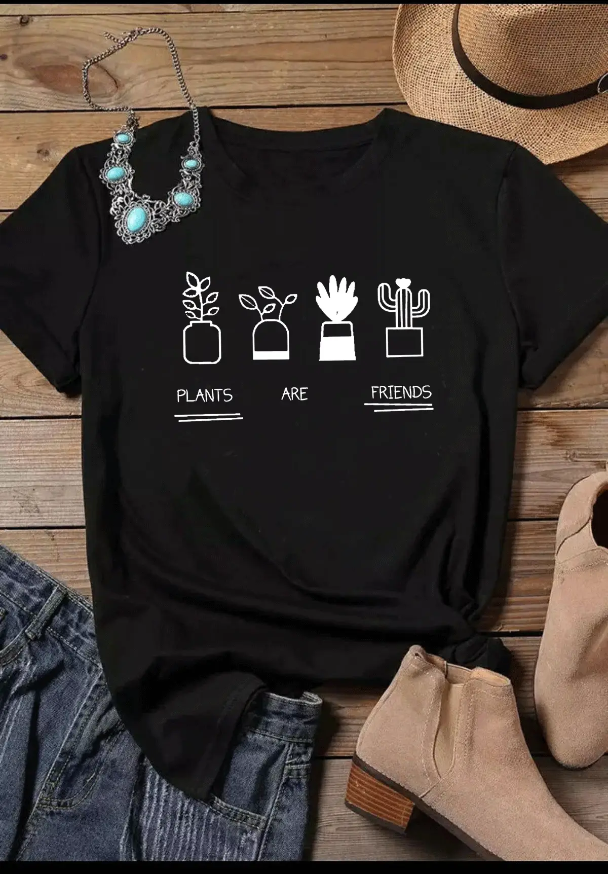 Pink Friends Plant Graphic T-Shirt for Women - Image 2