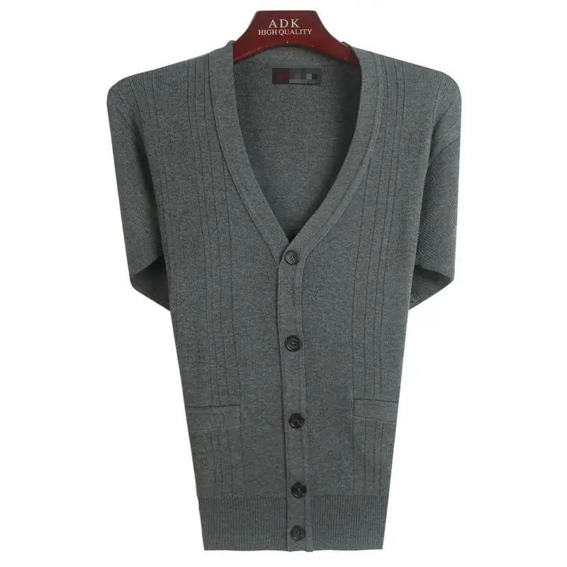 Men Grey Knit V-Neck Cardigan Medium - Image 2