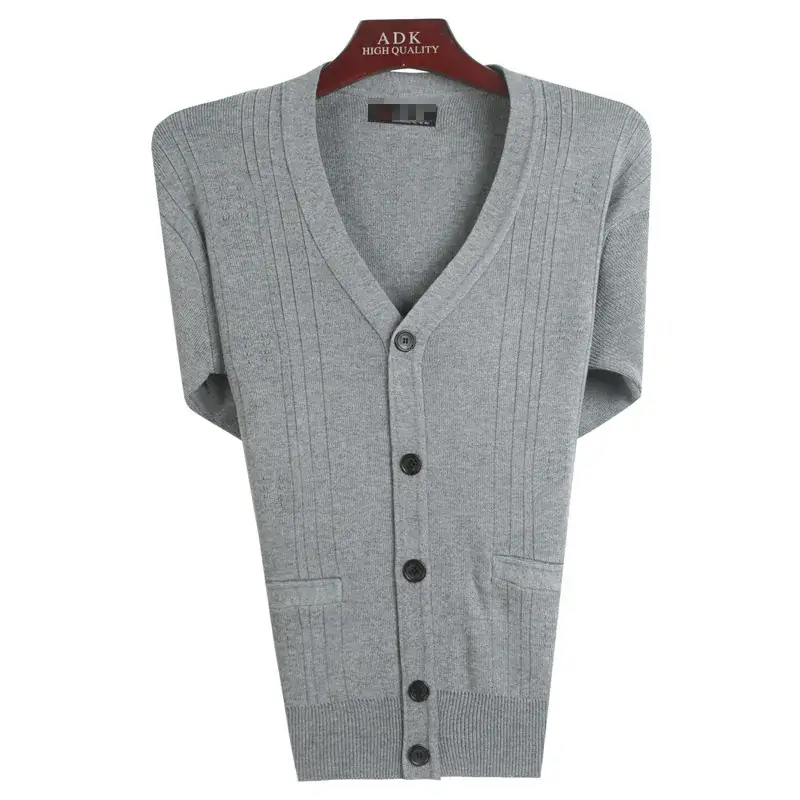 Men Grey Knit V-Neck Cardigan Medium - Image 5