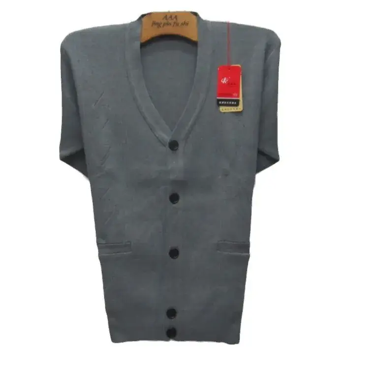 Men Grey Knit V-Neck Cardigan Medium - Image 6