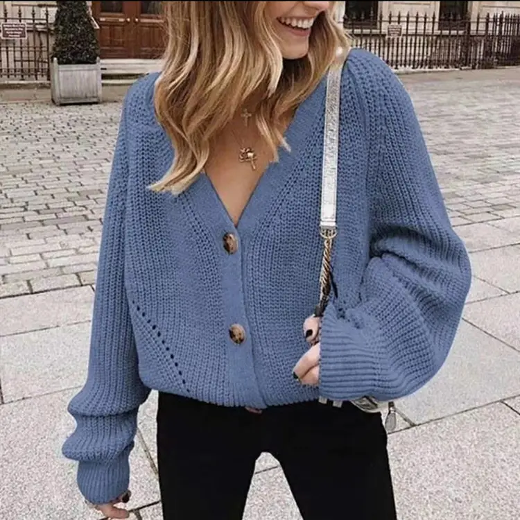 Women's V-Neck Button Knit Cardigan Sweater Beige — feature 6