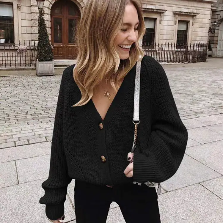 Women's V-Neck Button Knit Cardigan Sweater Beige — feature 8