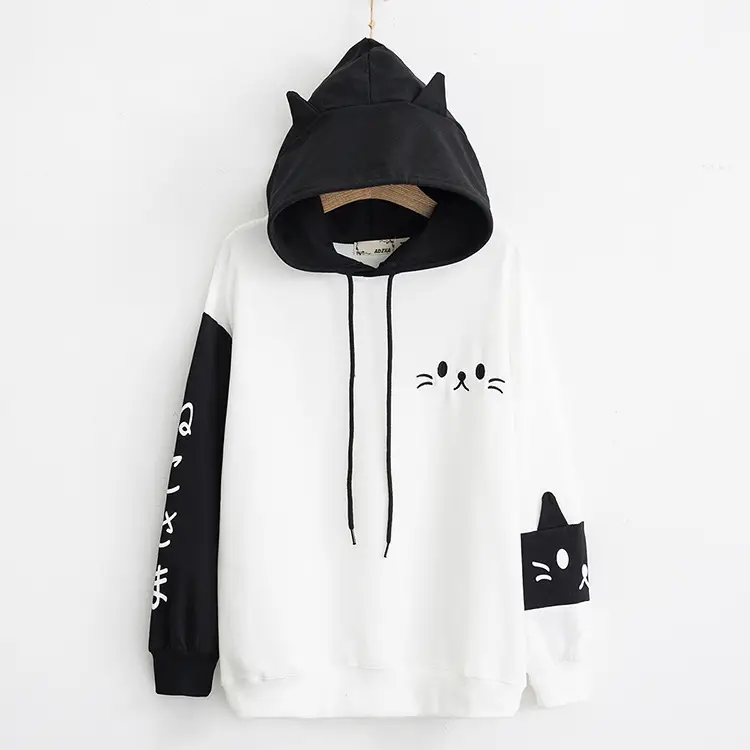 Women Hooded Sweatshirt Black White Cat Print - Image 4