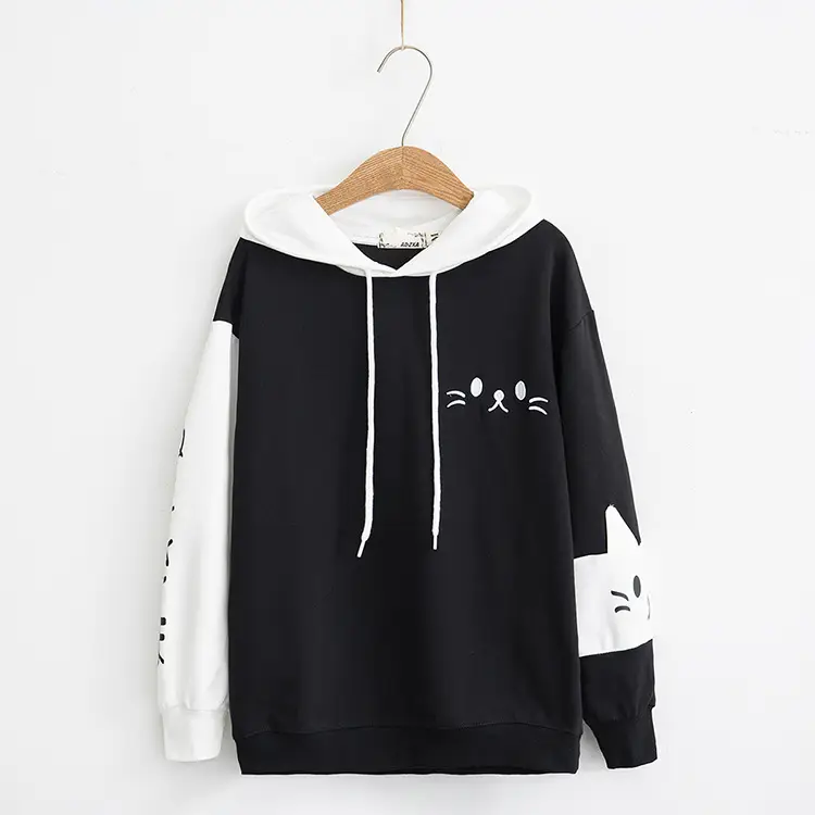 Women Hooded Sweatshirt Black White Cat Print - Image 5