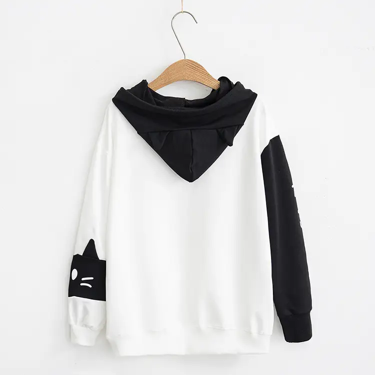 Women Hooded Sweatshirt Black White Cat Print - Image 6