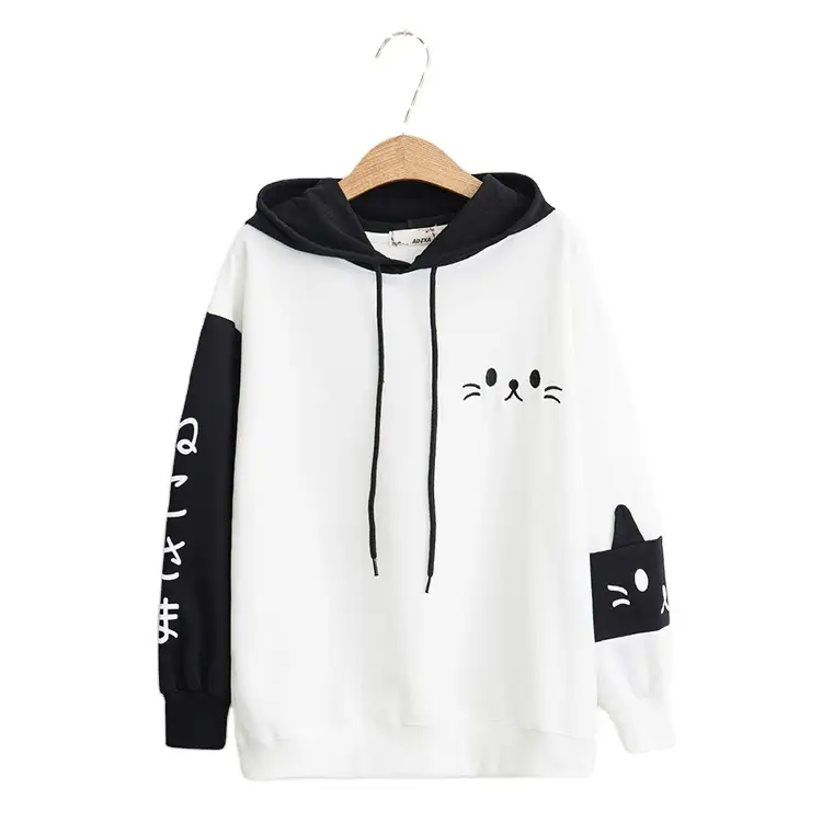 Women Hooded Sweatshirt Black White Cat Print - Image 7