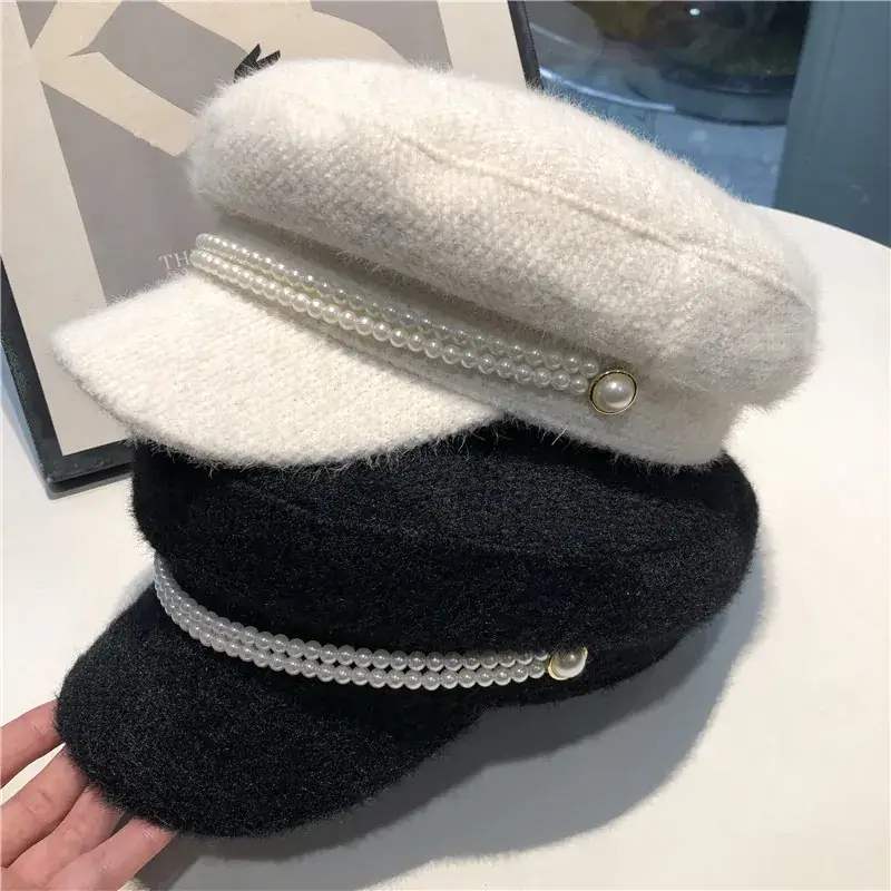 British Style Pearl Plush Military Hat for Women Black White - Image 7