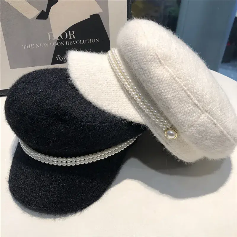 British Style Pearl Plush Military Hat for Women Black White - Image 8