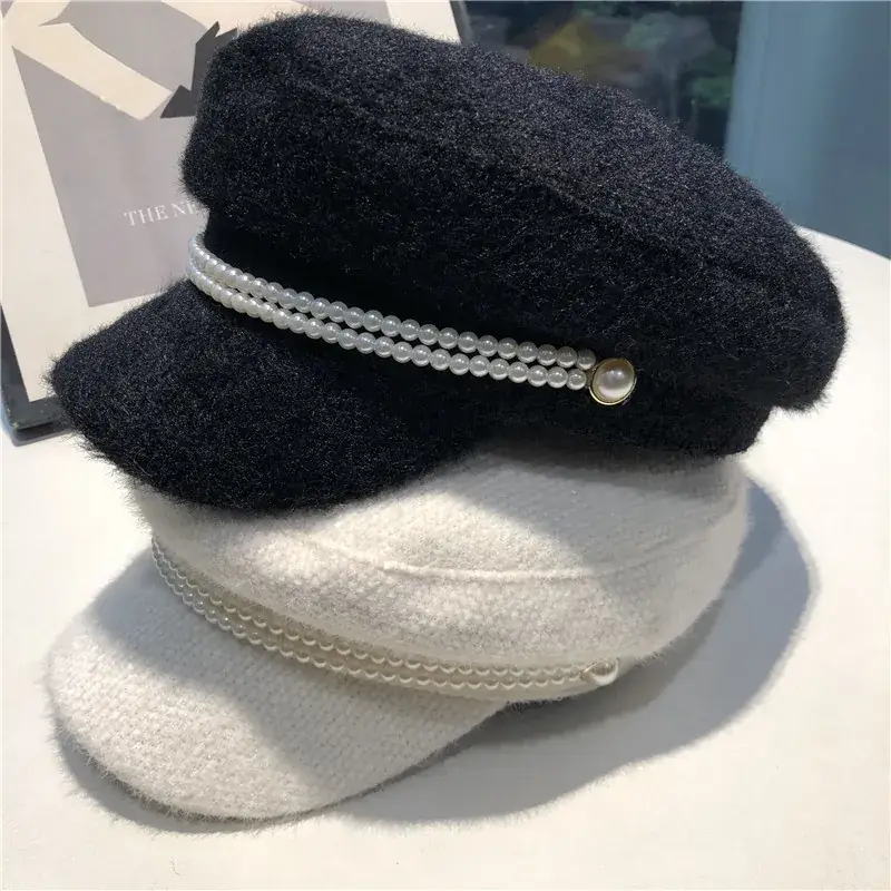 British Style Pearl Plush Military Hat for Women Black White - Image 9