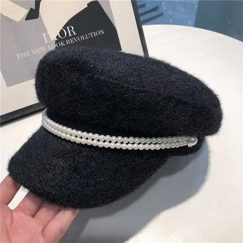 British Style Pearl Plush Military Hat for Women Black White - Image 10