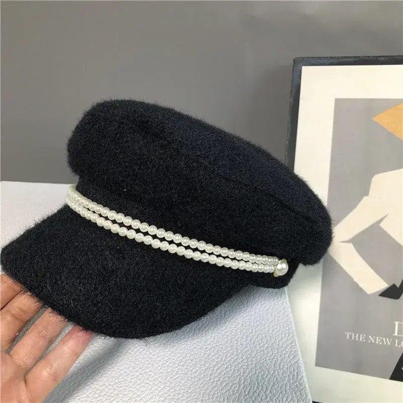 British Style Pearl Plush Military Hat for Women Black White - Image 2