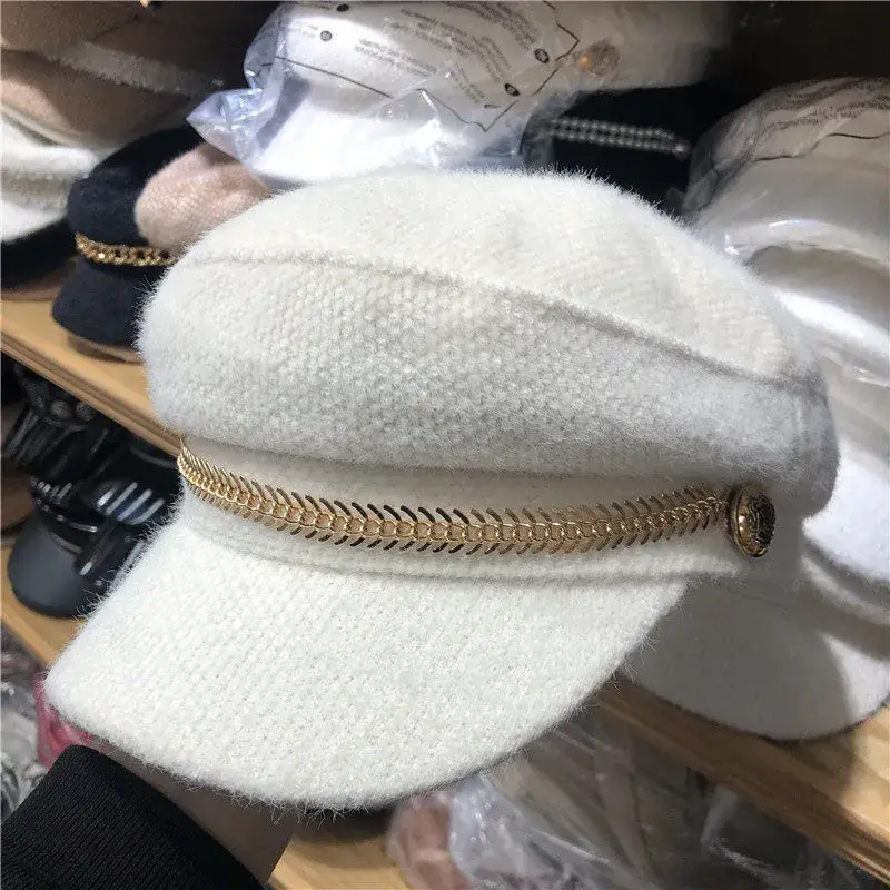 British Style Pearl Plush Military Hat for Women Black White - Image 3
