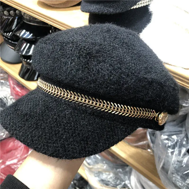 British Style Pearl Plush Military Hat for Women Black White - Image 4