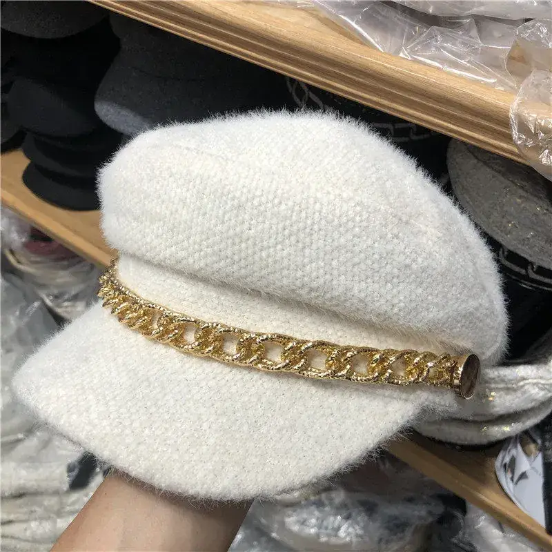 British Style Pearl Plush Military Hat for Women Black White - Image 5