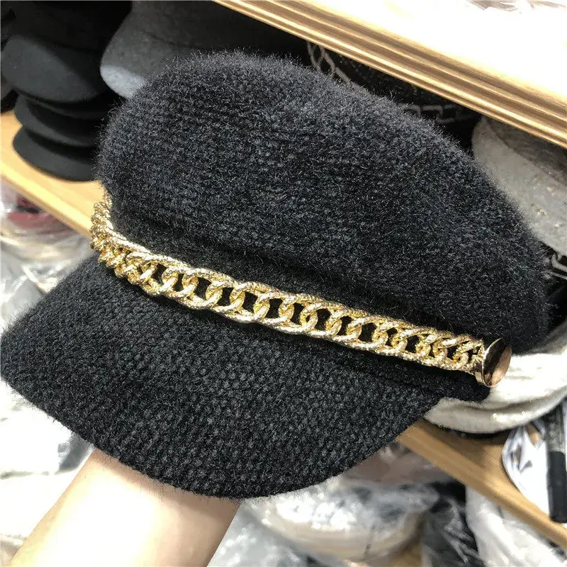 British Style Pearl Plush Military Hat for Women Black White - Image 6